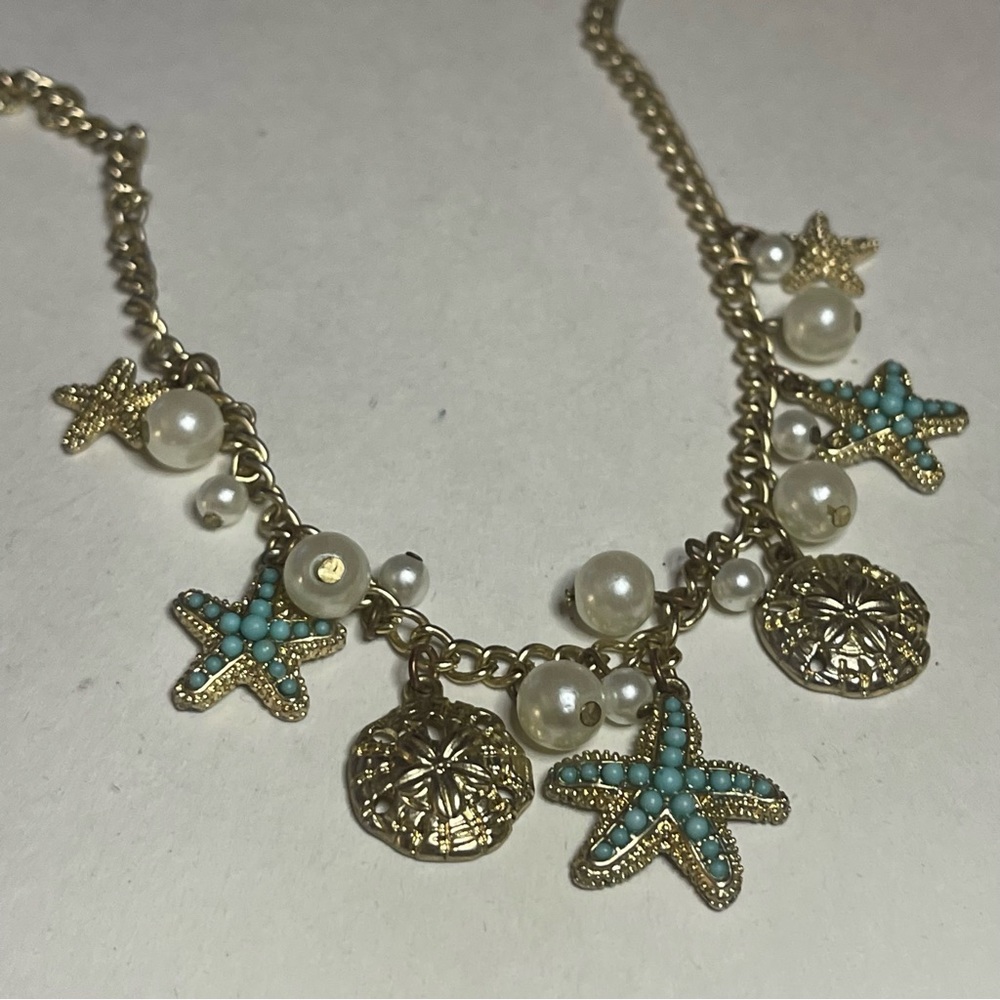 Vintage Beach Natural Blue Turquoise Starfish Shell Gold Pearl Charm Necklace - Picture 11 of 11